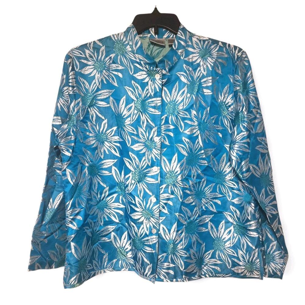 Chicos Blazer Silk Blend Blue Floral Embroidered Button Front Womens Size 12